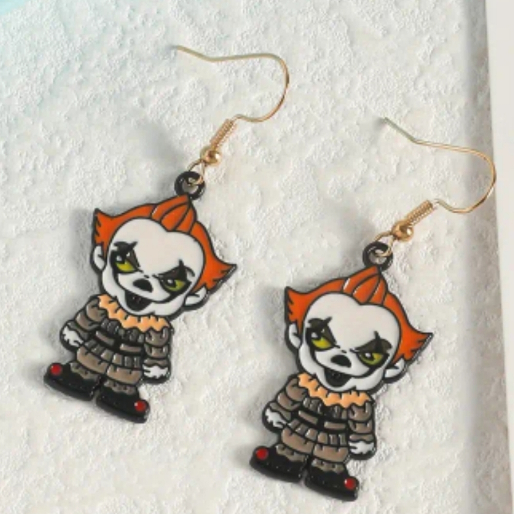 Pennywise Metal Enamel Dangle Earrings, It Movies, Killer Clown, Zinc Alloy